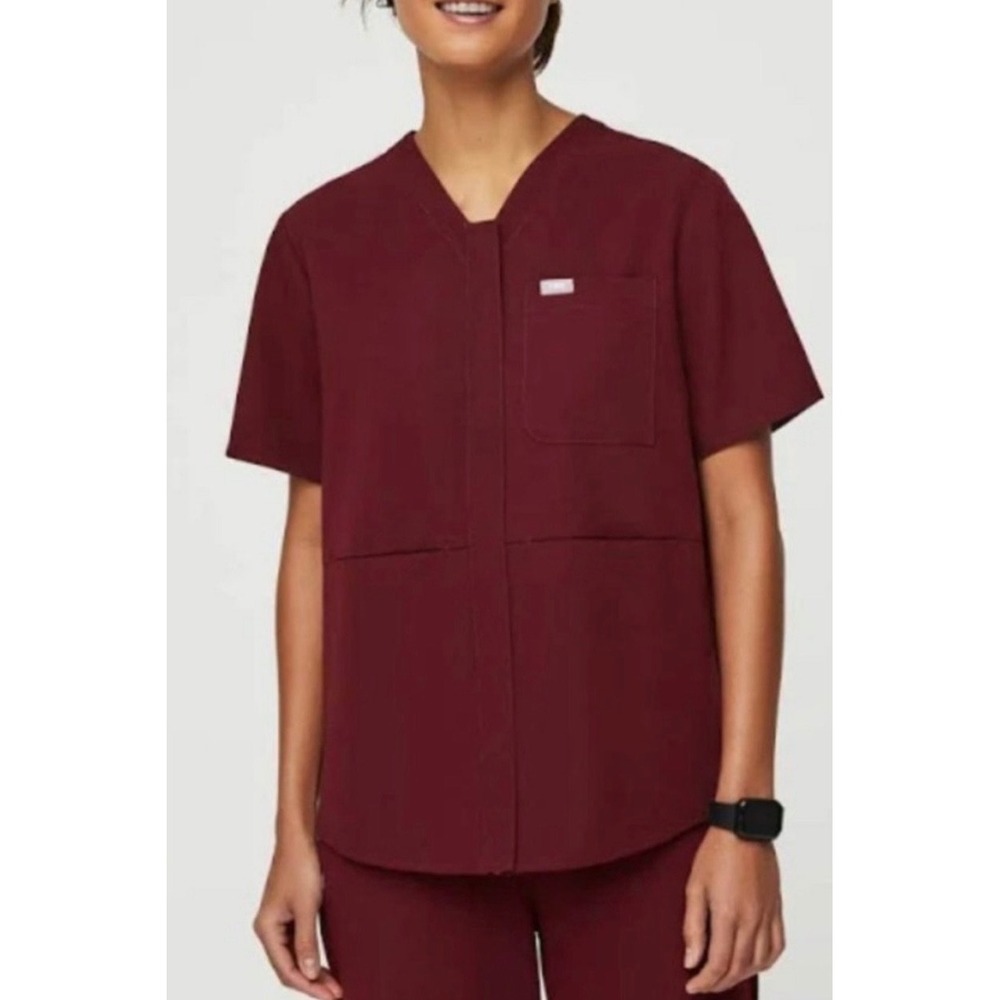 FIGS Masaya Full Zip Tunic Scrub Top Burgundy Large
